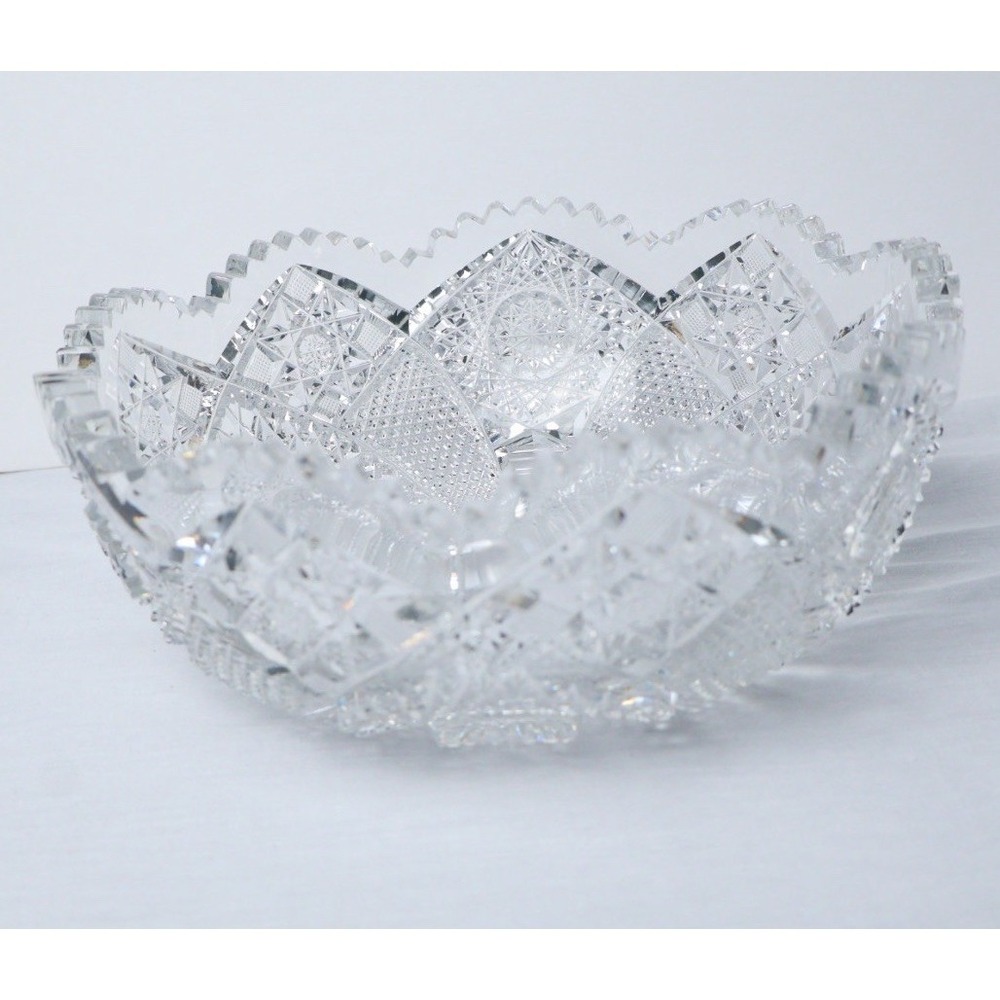 Antique American Brilliant Period Cut Glass Bowl 9" Sawtooth Edge Circa 1918